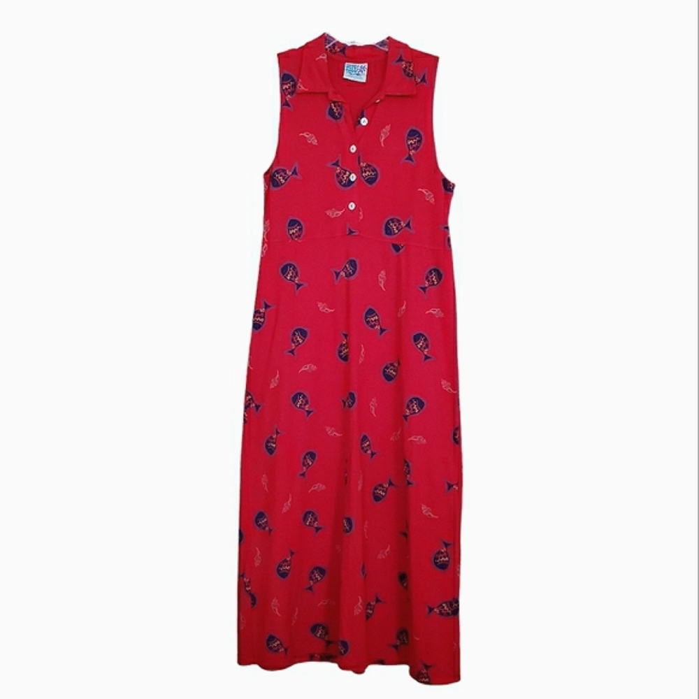 Vintage Zip Code Red Fish Print Cotton Dress